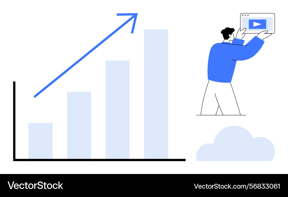 Man displaying play button video content near Man displaying play button video content near vector image