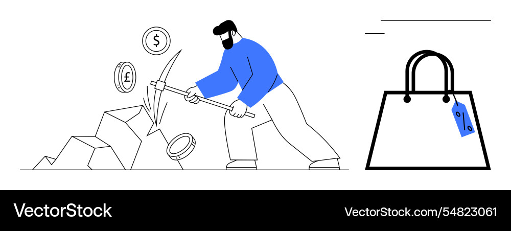 Man mining cryptocurrency with pickaxe near Man mining cryptocurrency with pickaxe near vector image