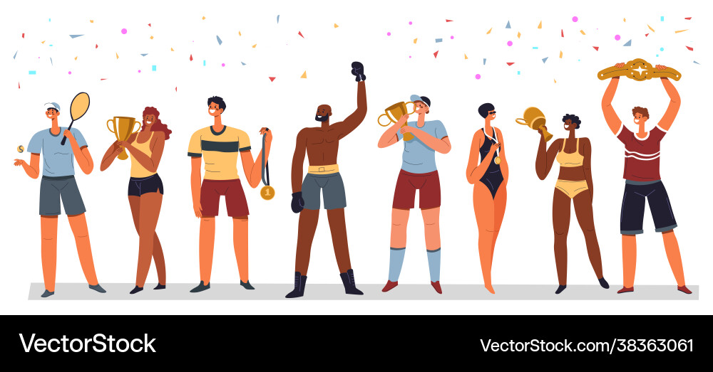 Sportsmen with awards and trophies for victories Sportsmen with awards and trophies for victories Vector Image