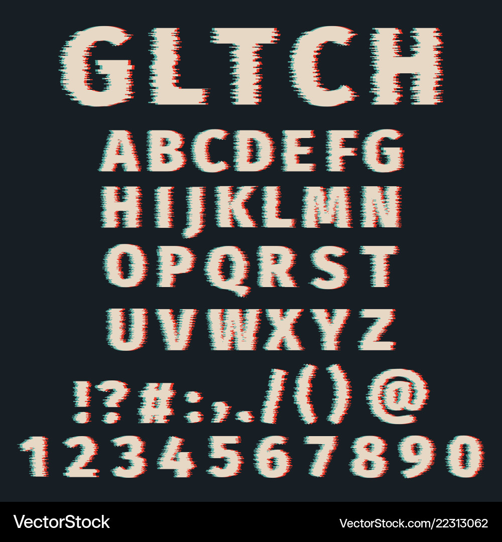 Glitch alphabet distorted font letters and numbers Glitch alphabet distorted font letters and numbers vector image
