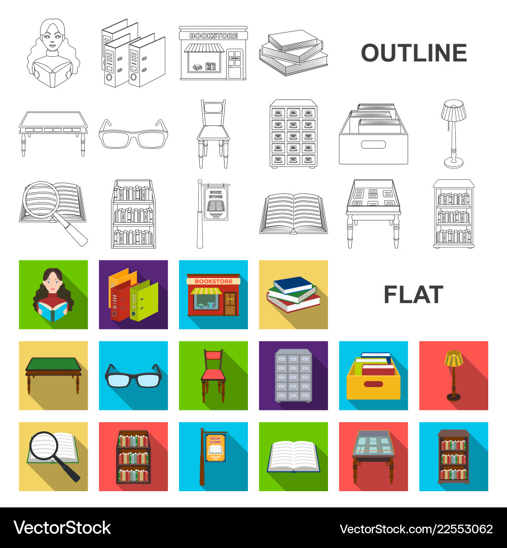 Library and bookstore flat icons in set collection Vector Image