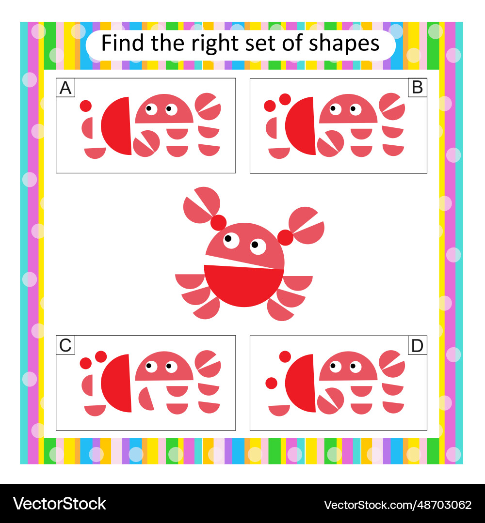 Logic puzzle find the correct set of cartoon crab Vector Image