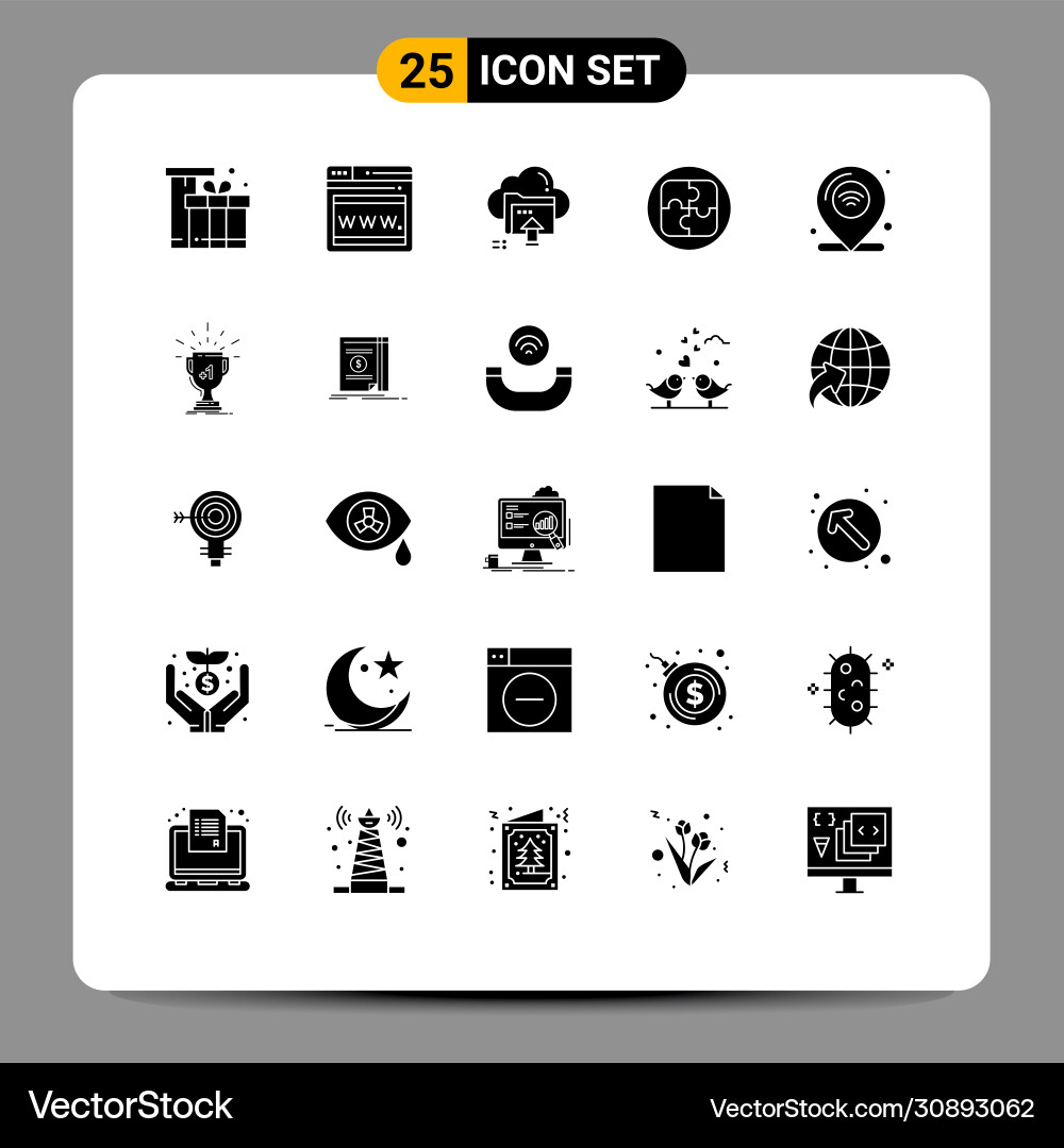 Set 25 solid glyphs on grid for location Vector Image