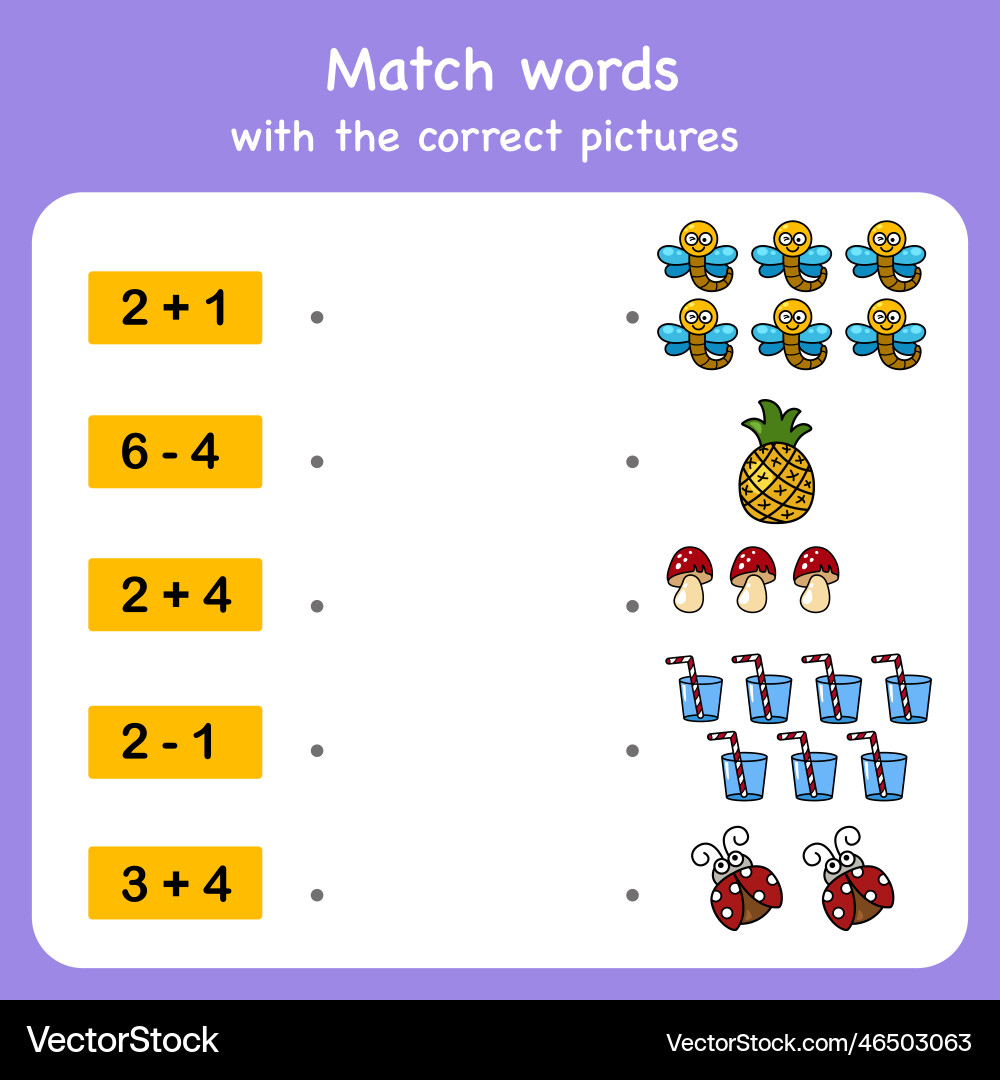 Adding and subtract match with pictures Adding and subtract match with pictures vector image