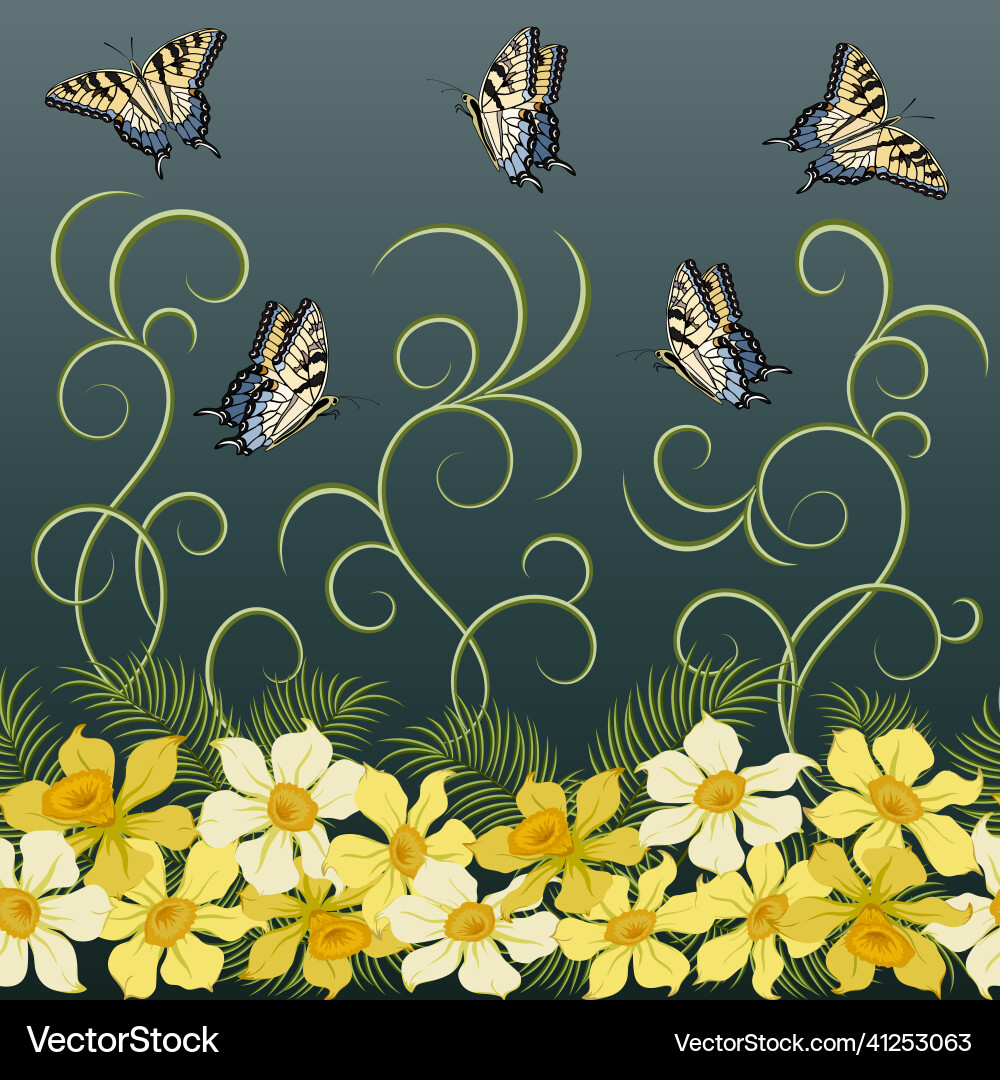 Butterflies and daffodils in a pattern Vector Image