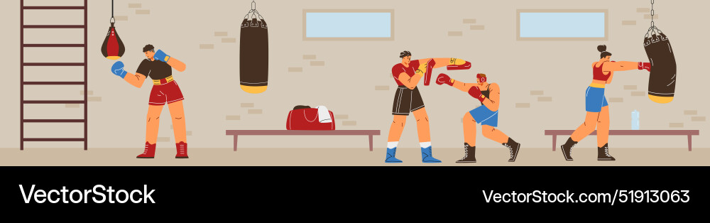 Classes in the boxing gym characters learning Classes in the boxing gym characters learning vector image