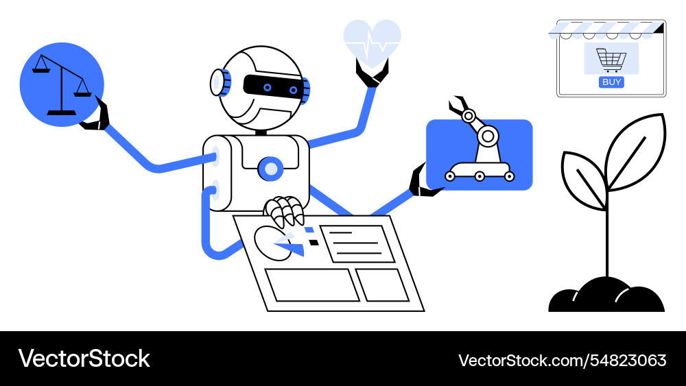 Multifunctional robot balancing tasks shopping Multifunctional robot balancing tasks shopping vector image