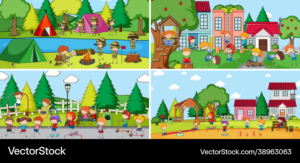 Outdoor scene set with many kids doodle cartoon Outdoor scene set with many kids doodle cartoon vector image