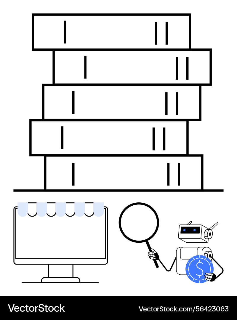 Robot analyzing stacked books and e-commerce Robot analyzing stacked books and e-commerce Vector Image