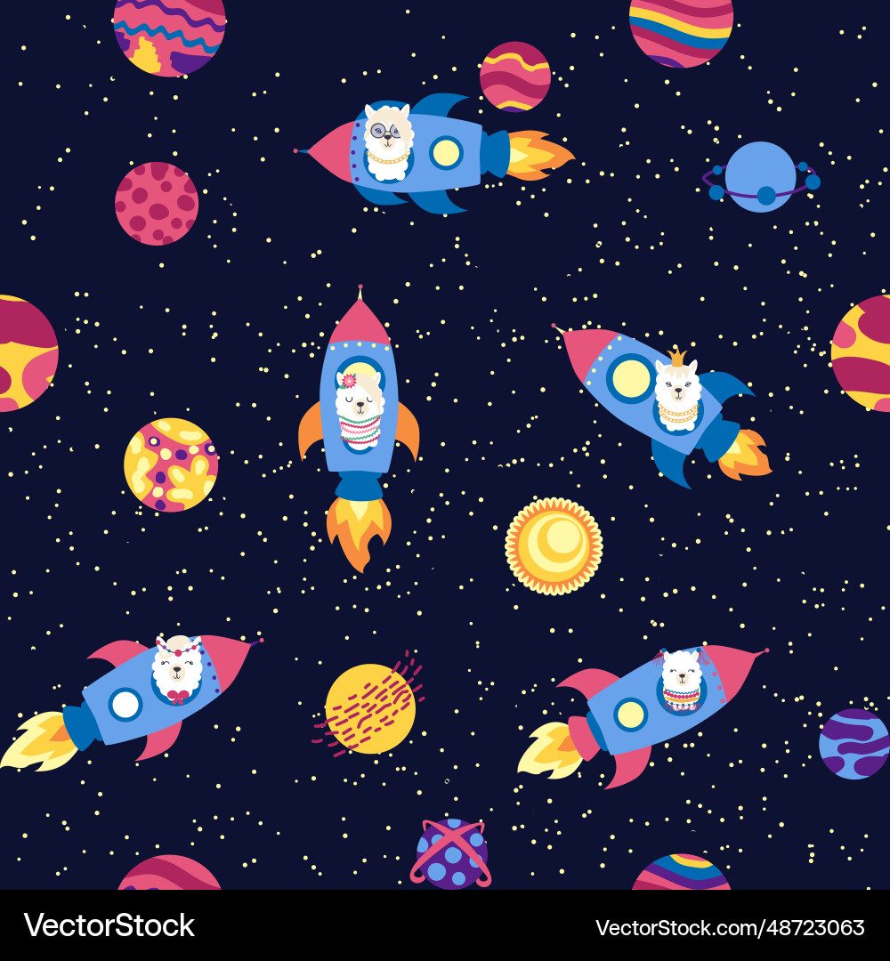 Seamless pattern with lama in a rocket space Vector Image