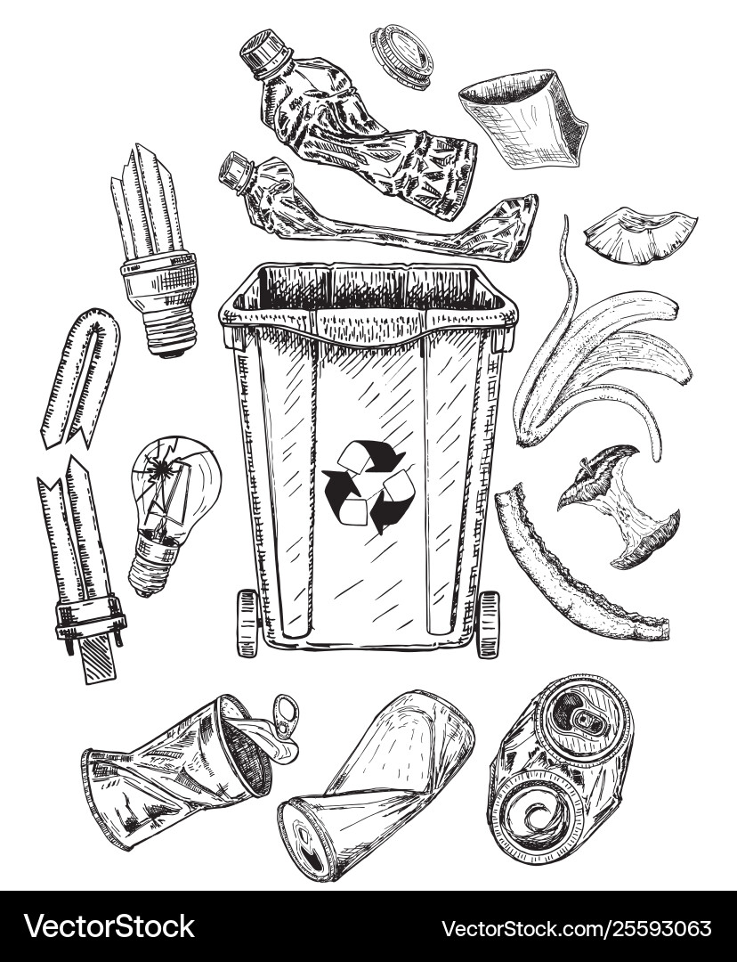 Trash set with dumpster sketch different types Trash set with dumpster sketch different types Vector Image
