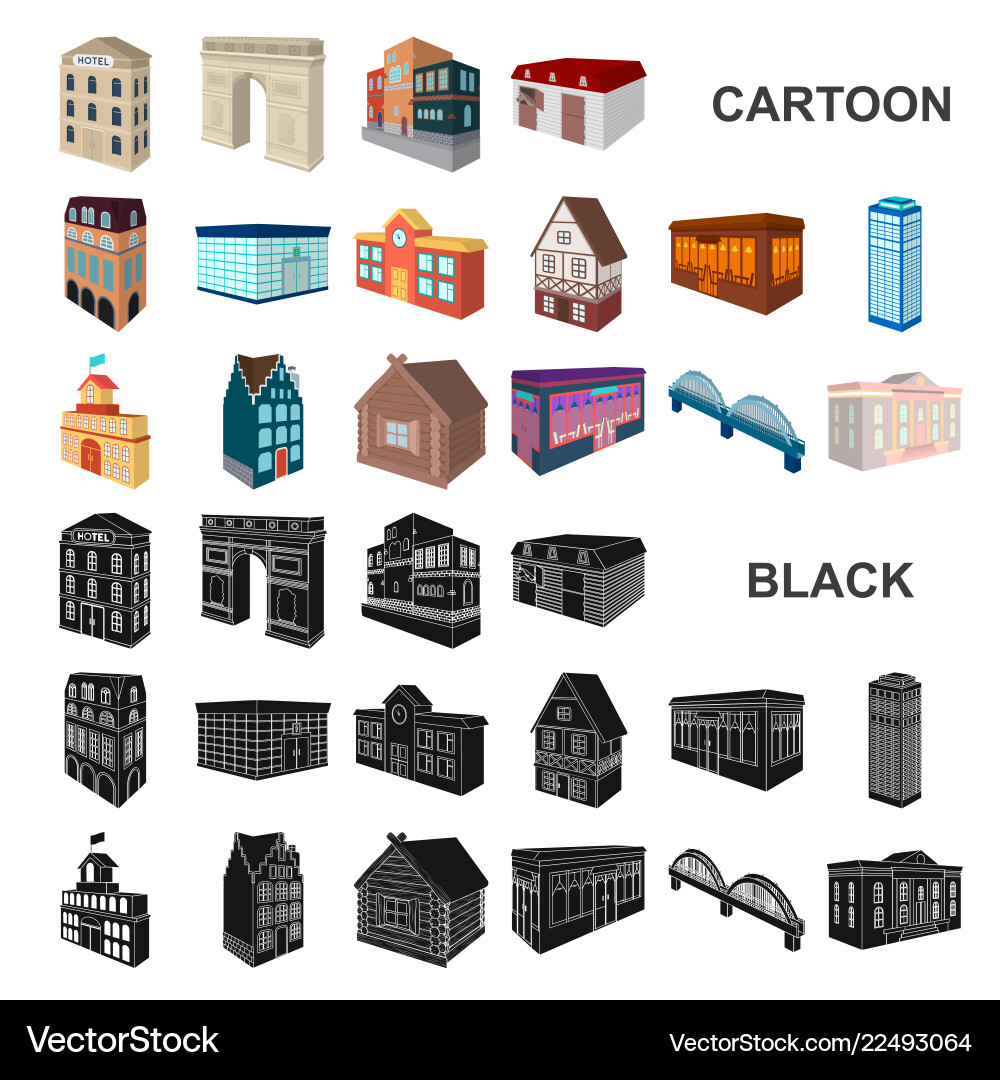 Building and architecture cartoon icons in set Building and architecture cartoon icons in set vector image
