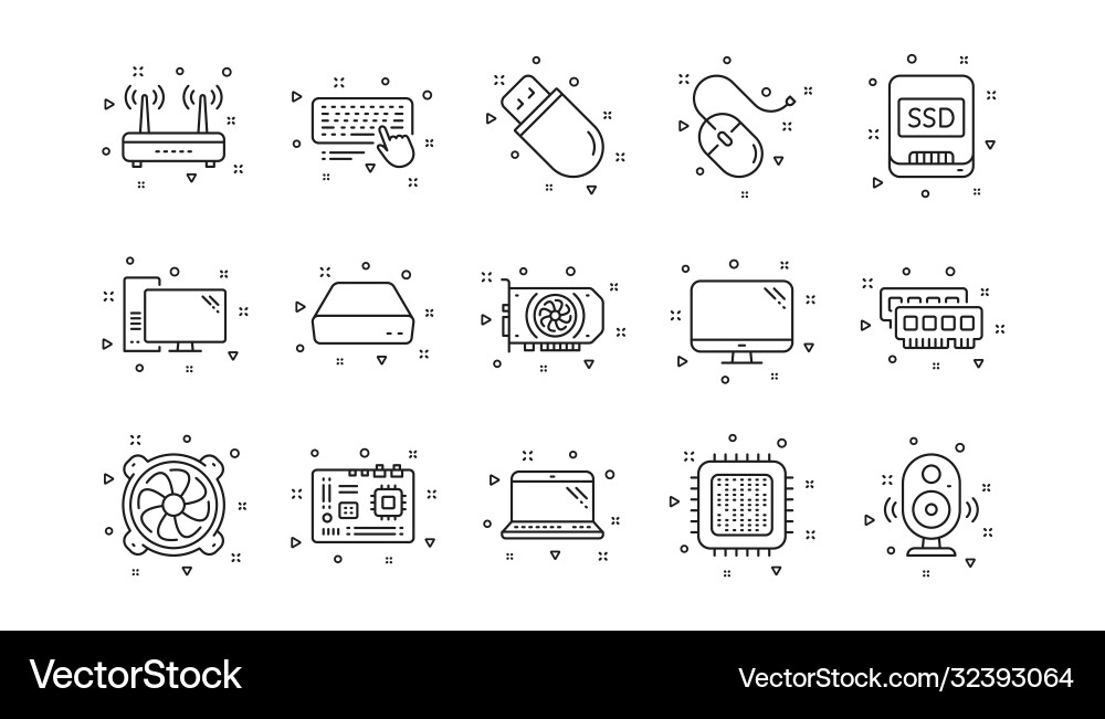 Computer device line icons motherboard cpu vector image