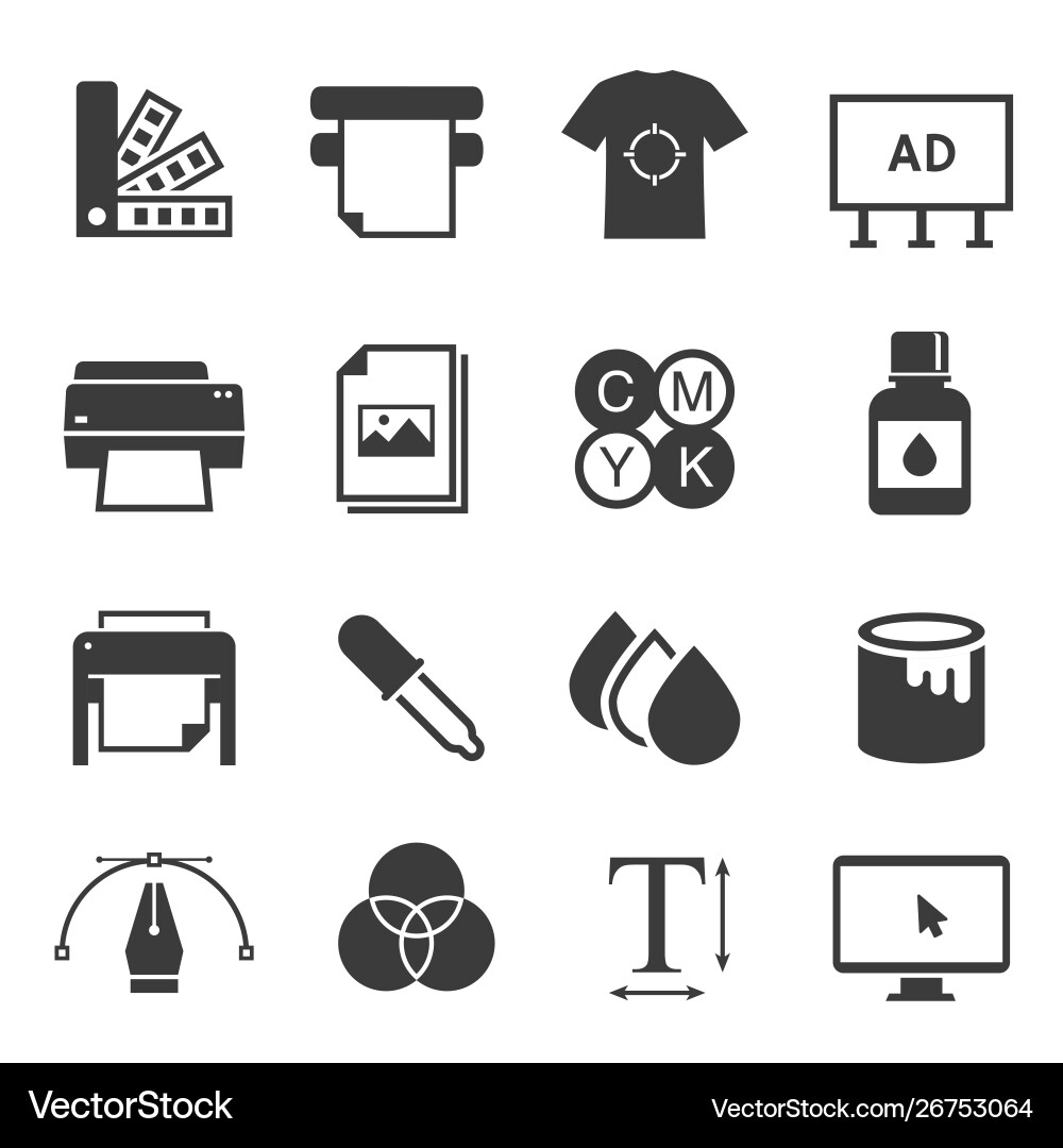 Print shop black and white glyph icons set Print shop black and white glyph icons set vector image