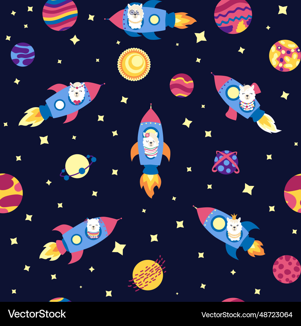 Seamless pattern with lama in a rocket space Vector Image