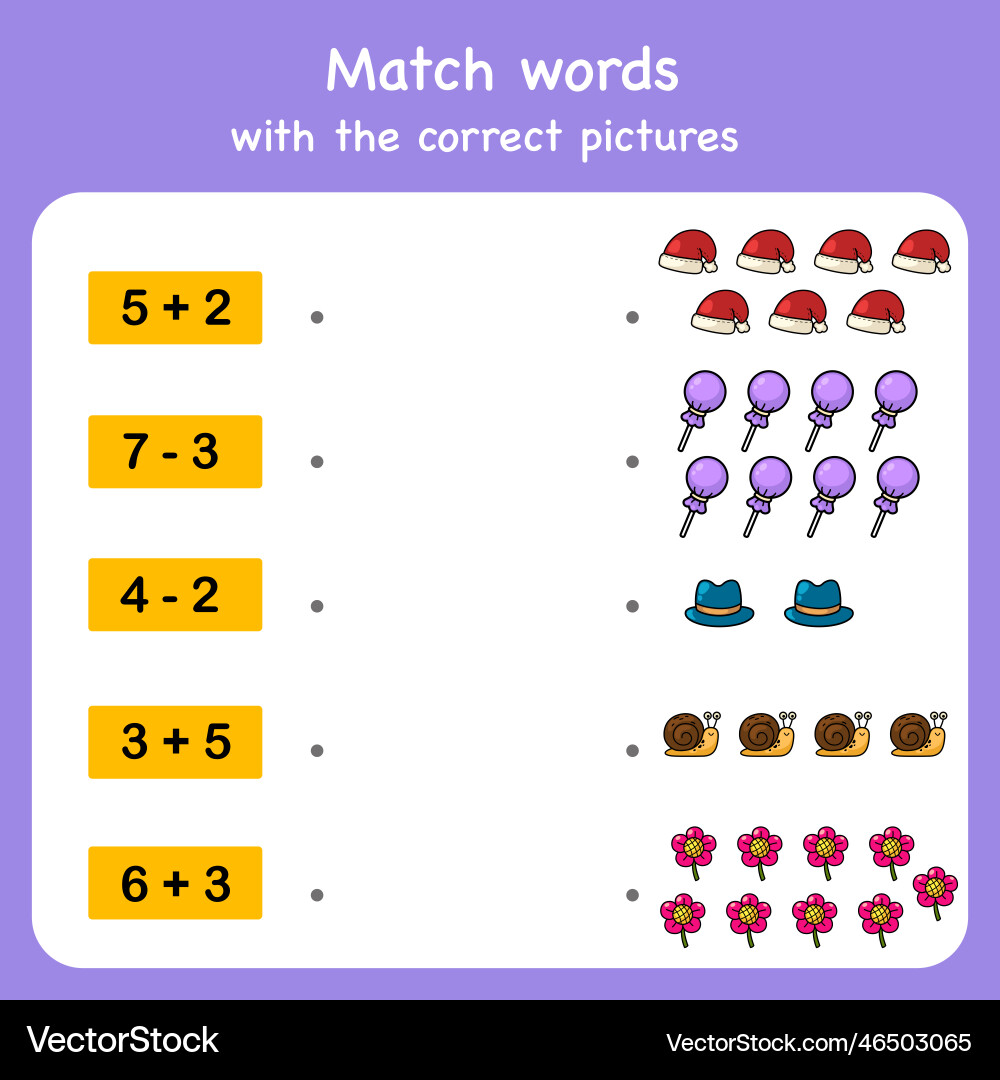 Adding and subtract match with pictures Adding and subtract match with pictures Vector Image