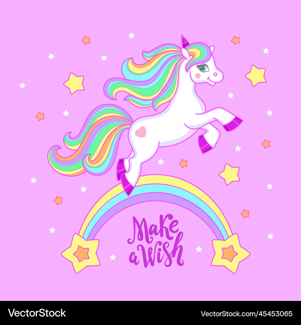 Make a wish white unicorn on the rainbow Make a wish white unicorn on the rainbow vector image