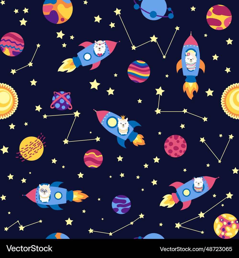 Seamless pattern with lama in a rocket space Vector Image
