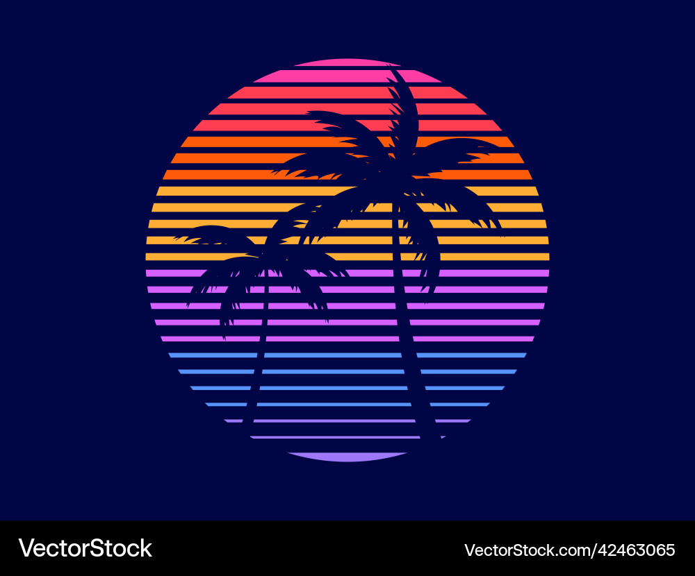 Sunset with palm trees in 80s style retro Sunset with palm trees in 80s style retro Vector Image