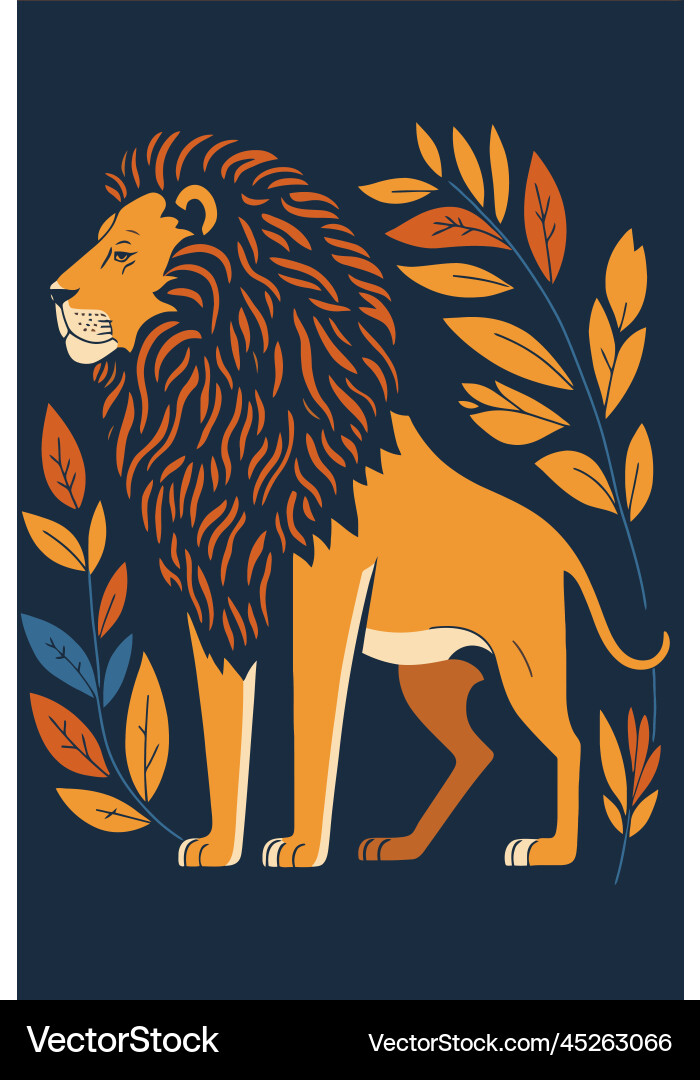Lion wild animal on leaf background flat color Vector Image