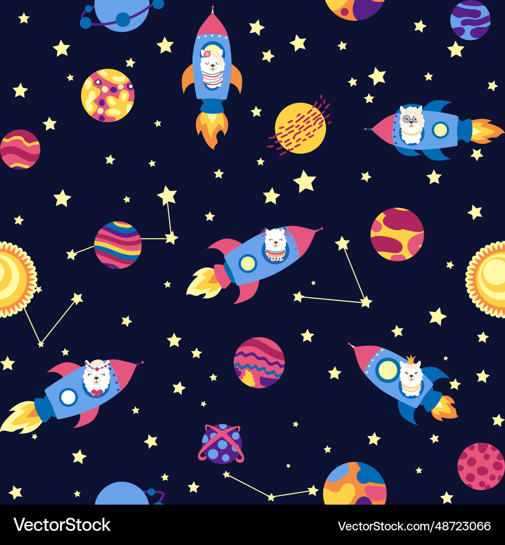 Seamless pattern with lama in a rocket space Seamless pattern with lama in a rocket space Vector Image