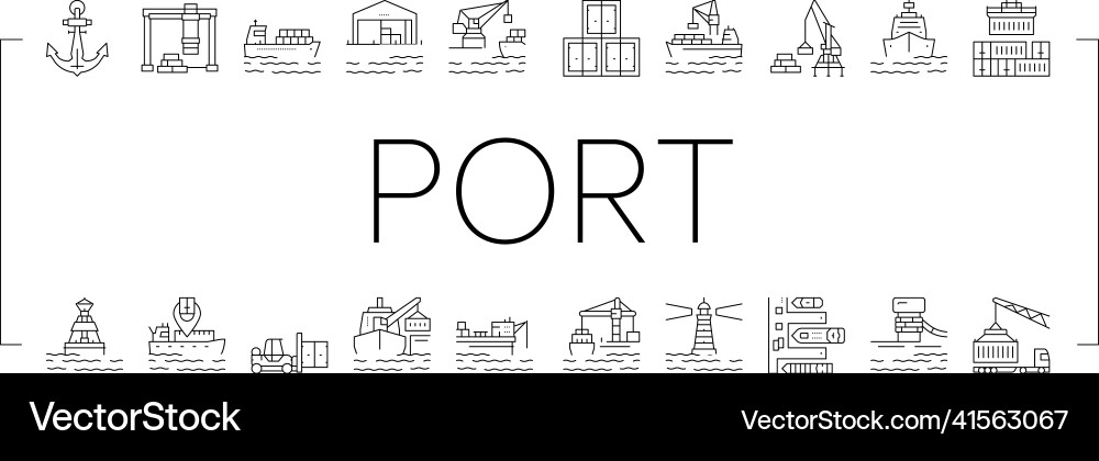 Container port tool collection icons set Container port tool collection icons set vector image