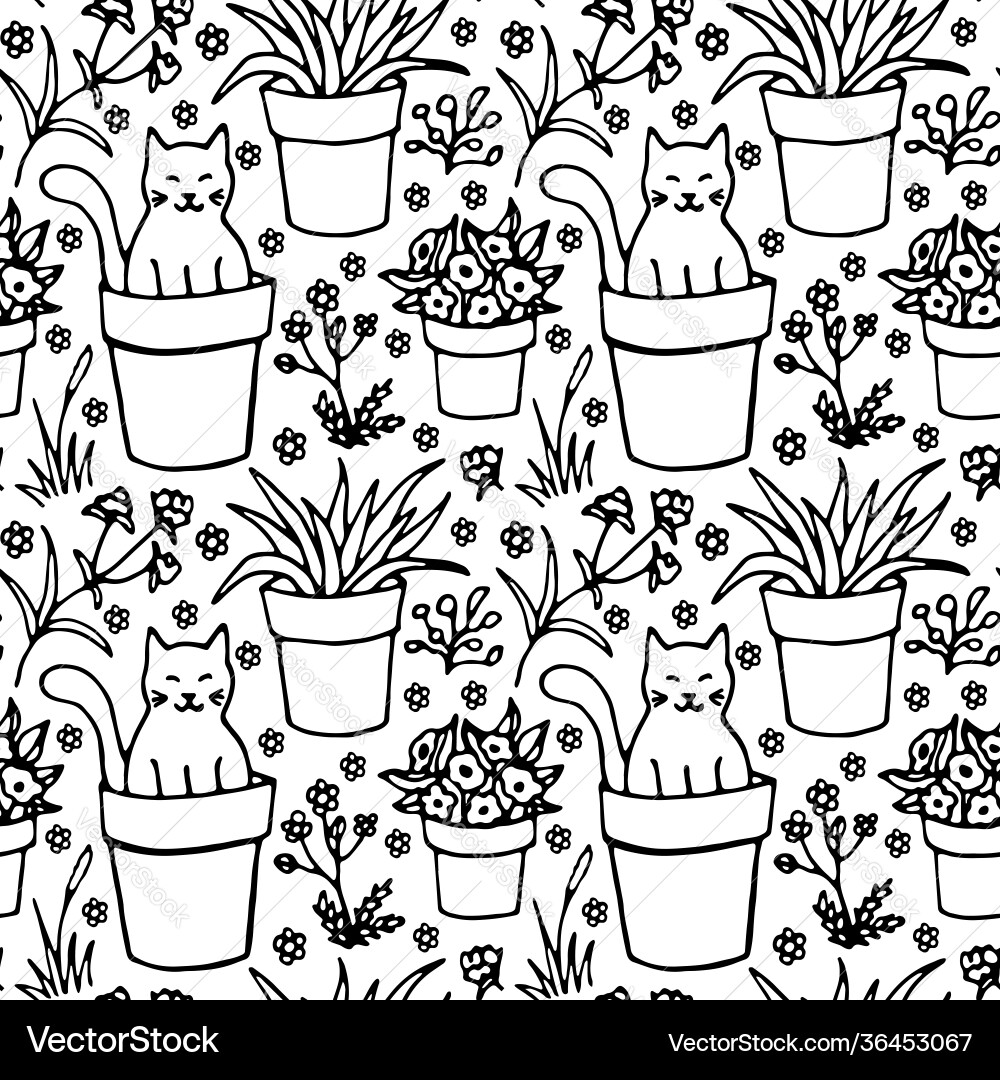 Seamless pattern with flowers and cat Seamless pattern with flowers and cat vector image