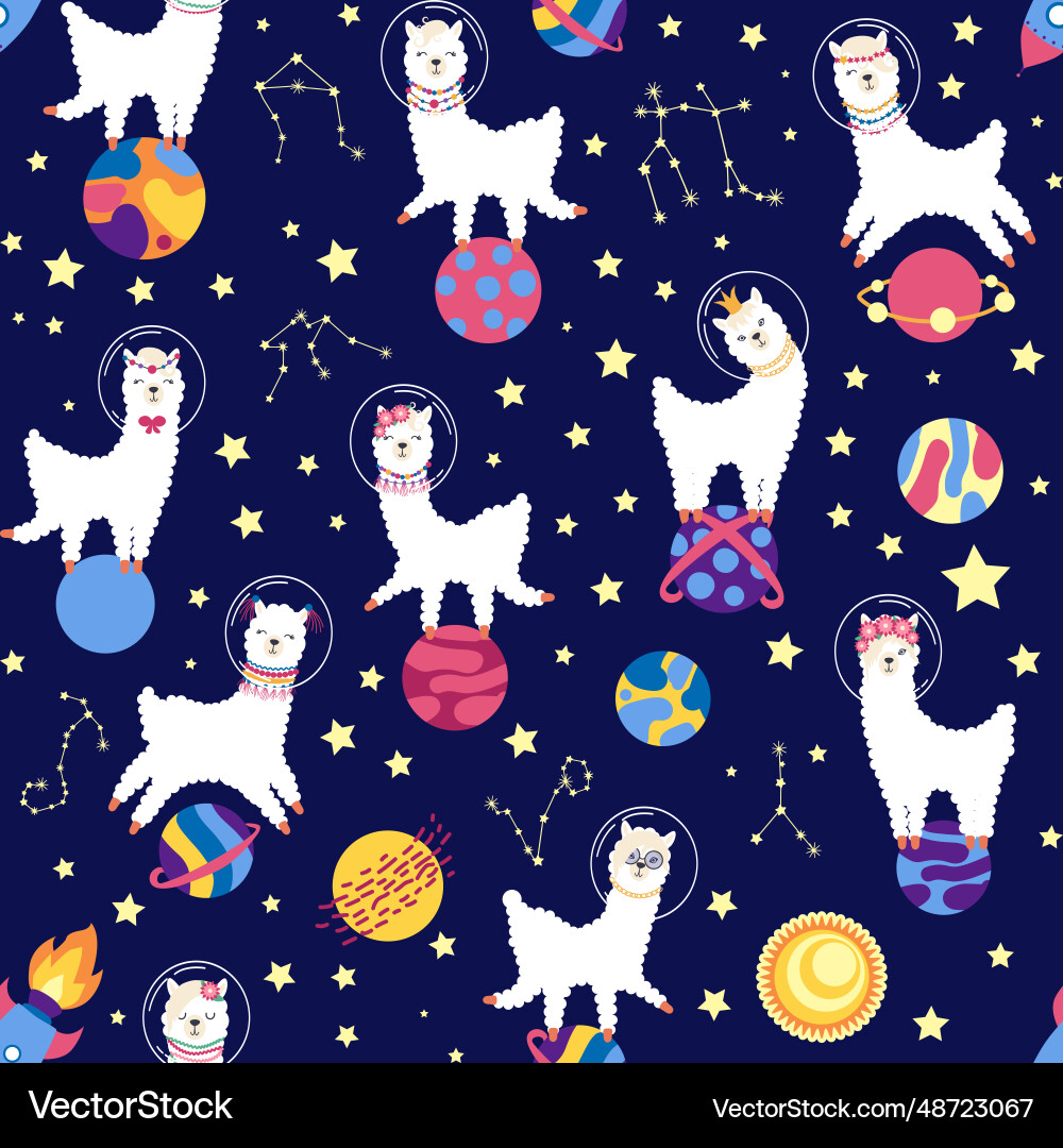 Seamless pattern with lama in a rocket space Vector Image