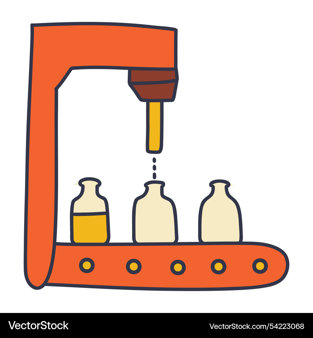 A factory bottling process with an orange machine Vector Image