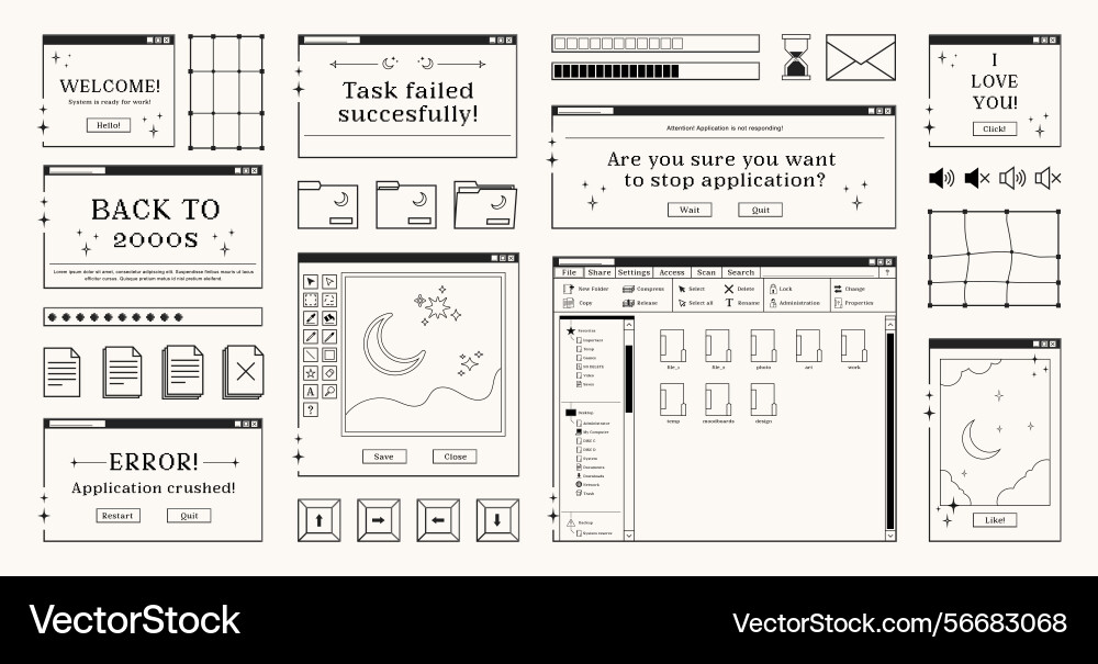 Set of retro computer windows and dialogue Set of retro computer windows and dialogue vector image