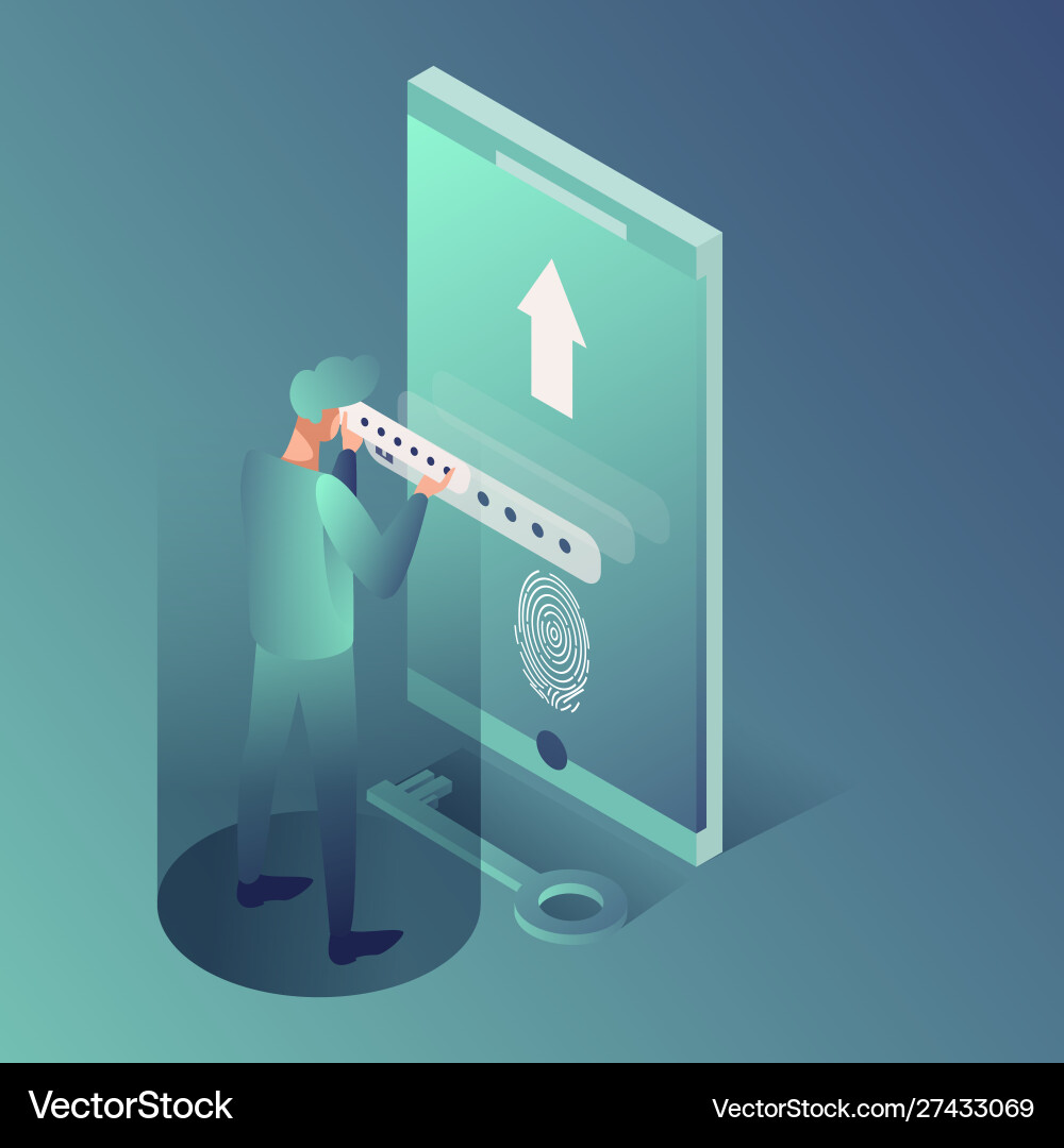 Man entering password isometric character Man entering password isometric character vector image