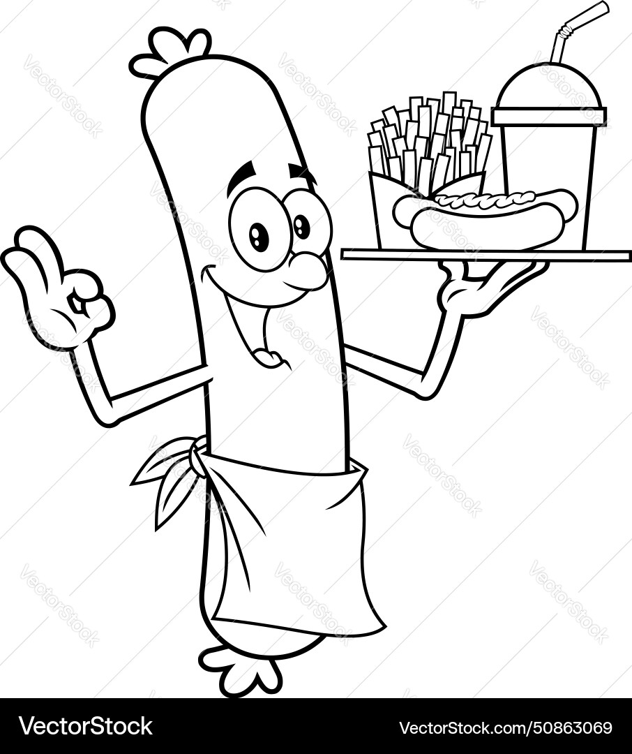 Outlineed Happy Wurst Koch Cartoon Charakter Outlineed Happy Wurst Koch Cartoon Charakter vektorbild