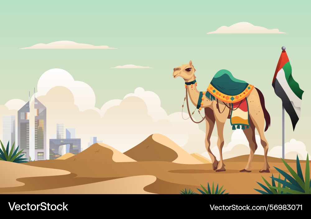 Camel and desert with cityscape gradient vector image