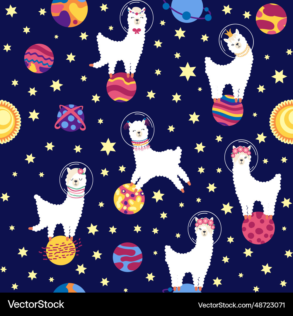 Seamless pattern with lama in a rocket space Seamless pattern with lama in a rocket space Vector Image