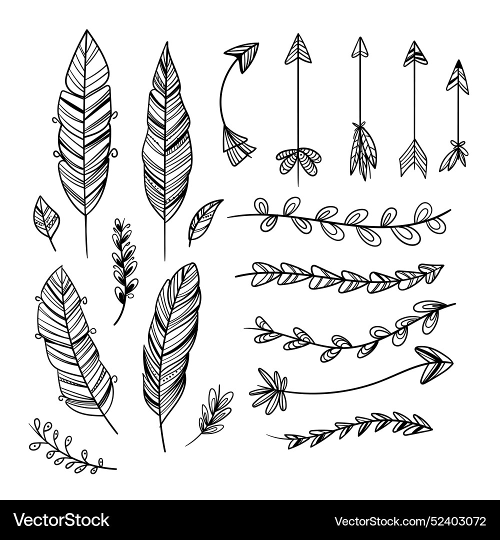 Engraving hand drawn boho elements collection Vector Image