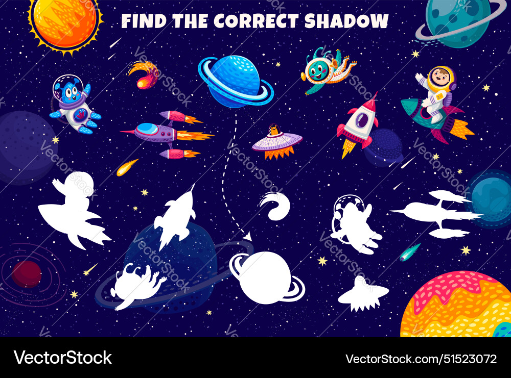 Kids game find correct shadow of space objects Kids game find correct shadow of space objects vector image