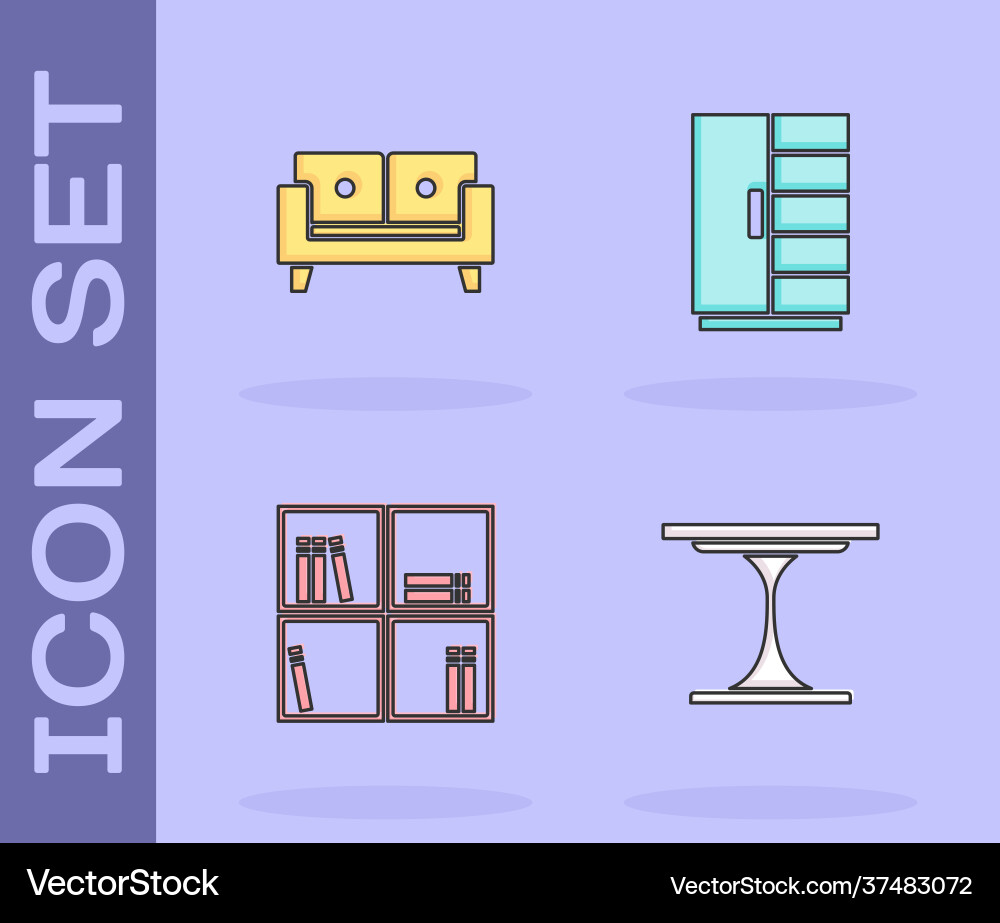 Set round table sofa shelf with books Vector Image