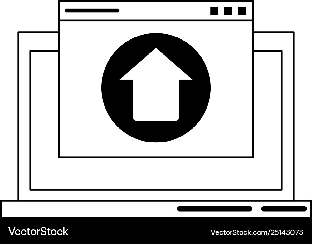 Computer with upload sign in black and white Computer with upload sign in black and white vector image