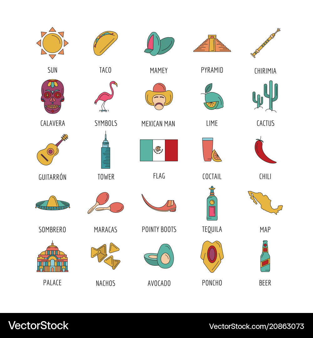 Mexico icon set cartoon style Royalty Free Vector Image