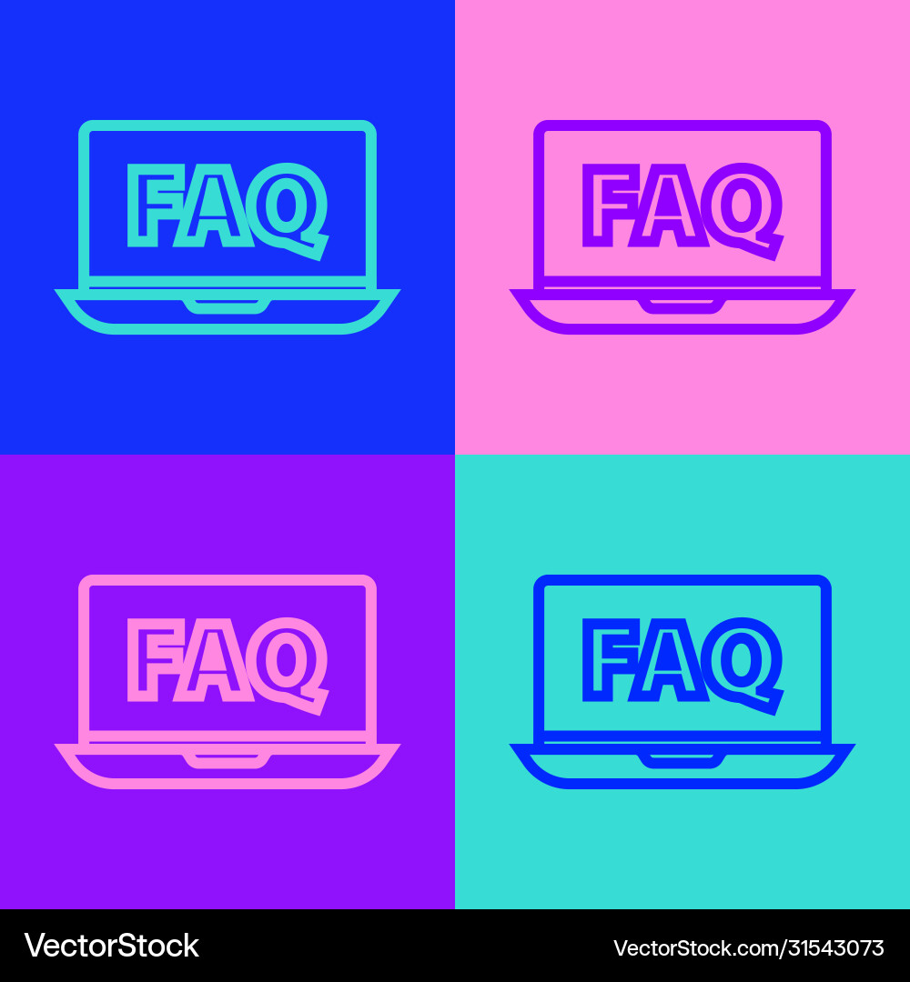 Pop art line laptop and faq icon isolated on color Pop art line laptop and faq icon isolated on color Vector Image