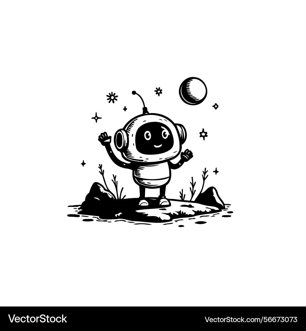 Whimsical depiction of a cheerful robot exploring Vector Image