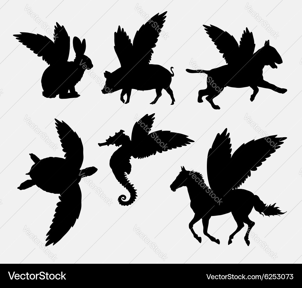 Winged Animal Silhouette Set vector image