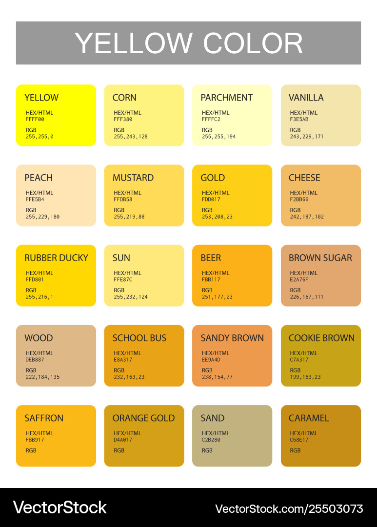 Shades Of Yellow Color Chart HTML Color Codes And Names