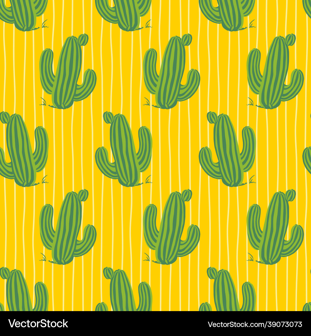 Yellow cute cactus repeat pattern with thin Yellow cute cactus repeat pattern with thin vector image