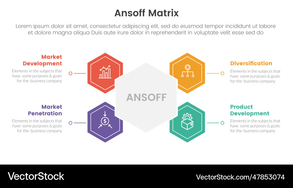 Ansoff matrix framework growth initiatives Ansoff matrix framework growth initiatives Vector Image