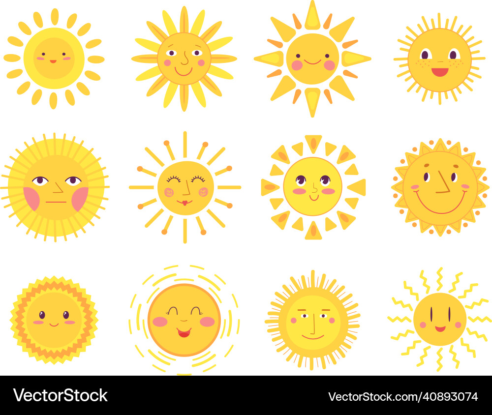 Süße Sonne Gesichter Glück Freude Sonnen isoliert Baby Süße Sonne Gesichter Glück Freude Sonnen isoliert Baby vektorbild