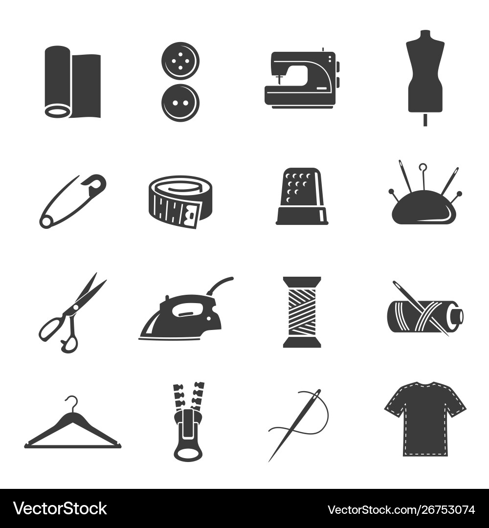 Tailoring tools black and white glyph icons set vector image