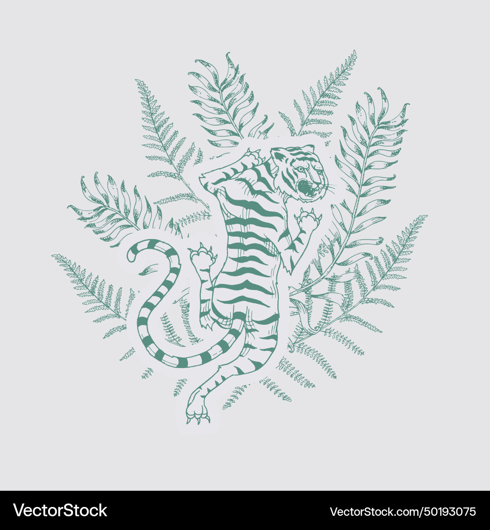 Japanese tiger with tropical leaves wild animal Japanese tiger with tropical leaves wild animal Vector Image