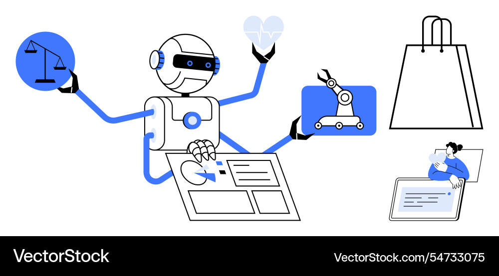 Robot multitasking various activities including vector image