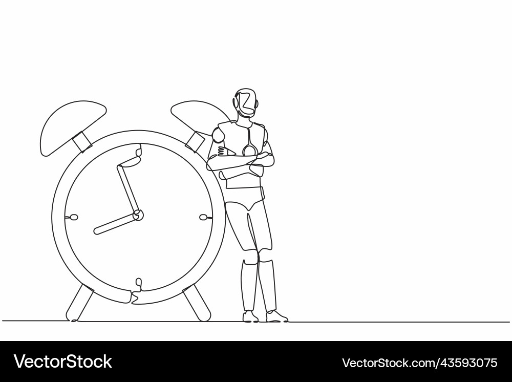 Single one line drawing robots lean on huge alarm Single one line drawing robots lean on huge alarm vector image